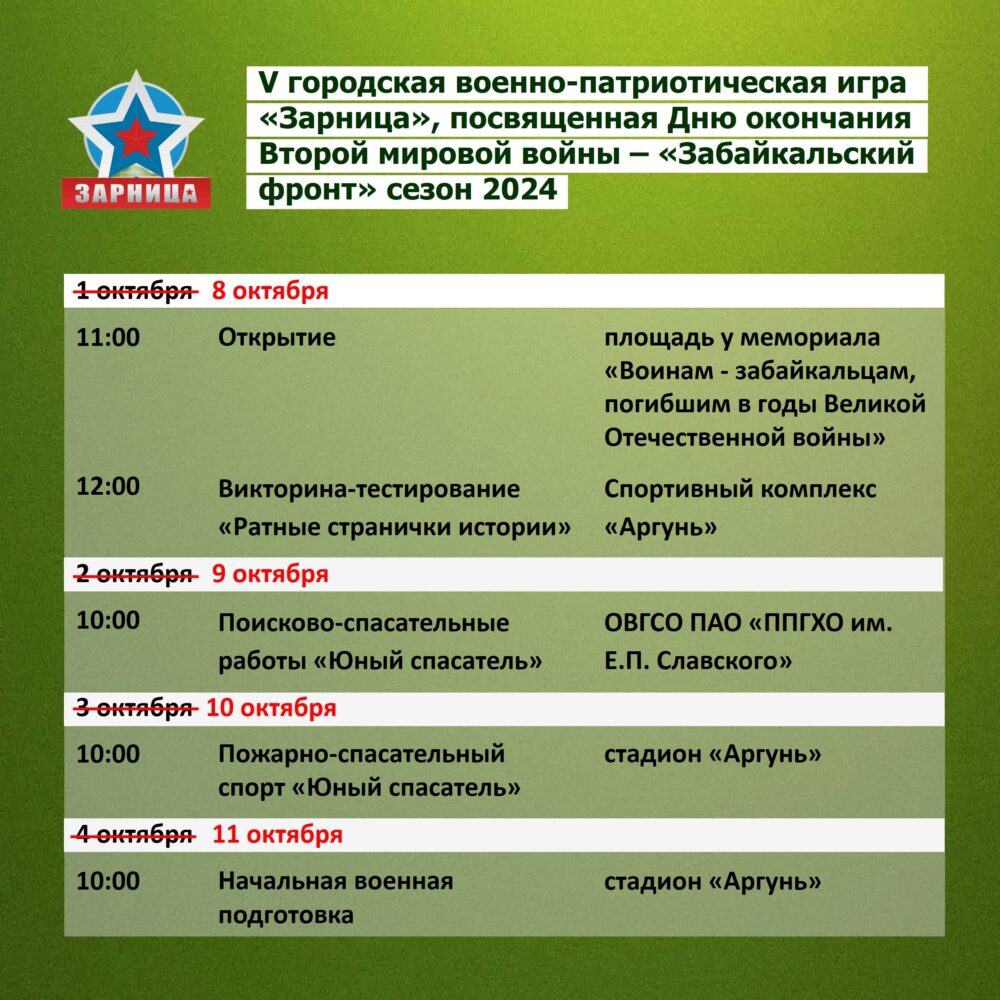 С 8 по 11 октября в Краснокаменске пройдет V городская военно-патриотическая игра «Зарница»